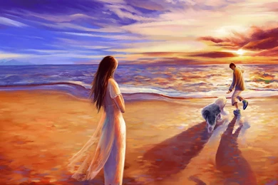 Beach Sea Couple Art Dog Paint Wallpapers