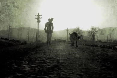 FALLOUT 3 WALKING WITH DOG IN GREY WALLPAPER   (