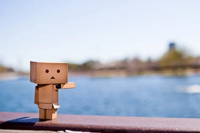 Cute Box Man Is Stretching Out His Hands, Behind Is Blue Sea, Is ...