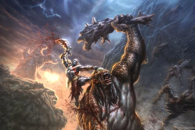 Download 1366x768 God Of War Epic Fight Against Cyclops Wallpapers