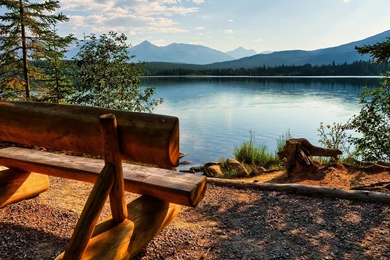 Lake Side Wooden Bench Nature Wallpapers