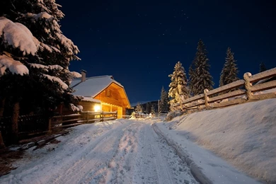 Beautiful Winter, Cabin, Forest, Mountain, Star, Sky, Tree, Fence ...
