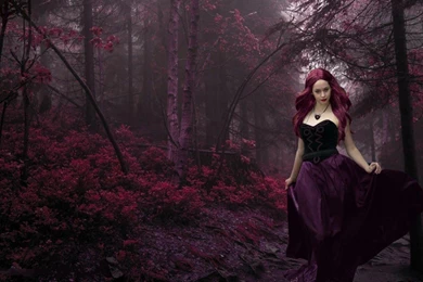 Burgundy Woman In The Forest Widescreen Wallpapers