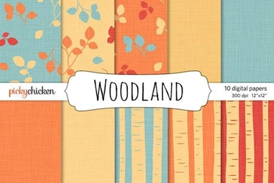 Woodland Trees Leaves & Linen Digital Papers   Fall Colors Birch ...