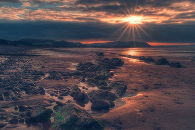 Rocky Red Beach Sunset Desktop Wallpapers