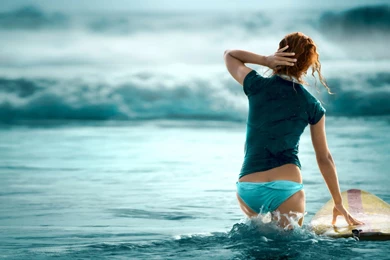 Bikini Girl Beach Surfing Green Shirt Blue Wave Hd Wallpapers ...