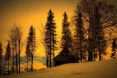 Hill House WINTER SUNSET – Nature Winter HD Desktop Wallpapers