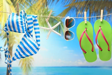 Swimwear Sunglasses And Green Flip Flops On The Beach Wallpapers By ...