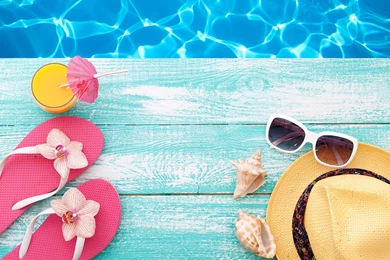 Tropical Beach In Summer Holiday Pink Hat Flip Flops