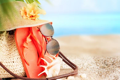 Hat Flip flops Sunglasses Conch Shell On Sand Beach