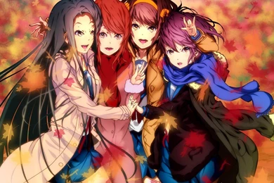 Anime Wallpaper, Girls, Friends, Leaves, Autumn, Background, Manga