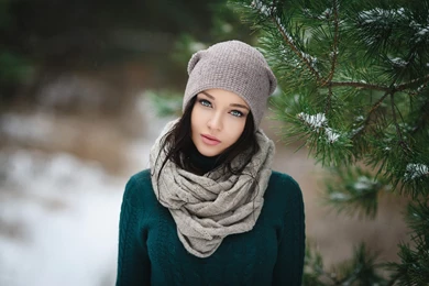 Women, Brunette, Winter, Blue Eyes, Hat, Scarf, Women Outdoors ...