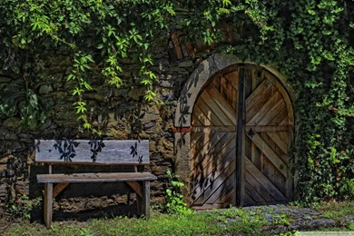 Empty Bench And Door HD Desktop Wallpapers : High Definition ...