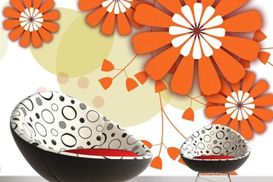 3D Interior View Of Orange And White Floral Wallpapers