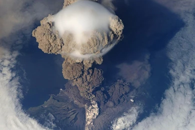 Volcanic Eruption Arial View Smoke Clouds Cool  HD Wallpapers