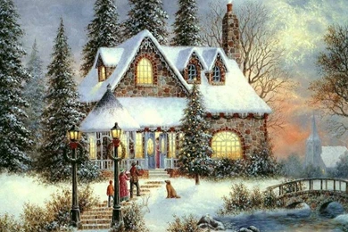 Wallpaper: Painting, Dennis Lewan, Cottage, Snowing, Winter, Art ...