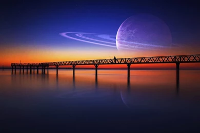 Water Sunrise Blue Ocean Planets Orange Bridge Wallpapers   (