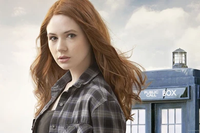 Download 1920x1080 Karen Gillan Near TARDIS Wallpapers