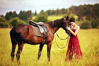 Lady In Red With Her Horse   (