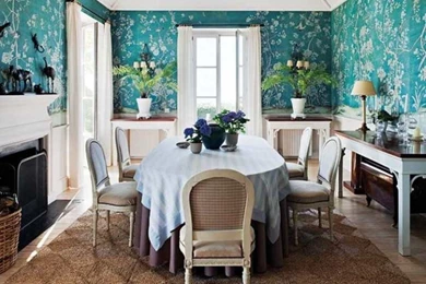 Blue Floral Wallpapers Dining Room Designs With Wainscoting And ...