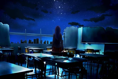 Anime Girl, The Destruction, Class, School, Night, Stars, Art