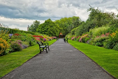 Download Wallpapers 2048x1152 Garden, Park, Road, Benches ...