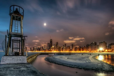 Download Wallpapers 3840x2160 Lighthouse, River, Night, Buildings ...