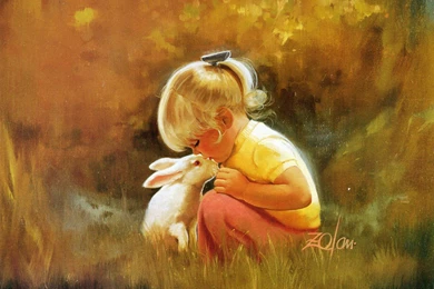 A Lovely Baby Girl And Her Obdient Pet, Kissing Each Other, The ...