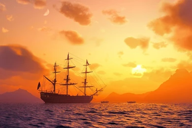 MAGNIFICENT TALL SHIP IN INTENSE SUNSET WALLPAPER   (