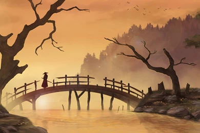 Art Asia Bridge Samurai Men River Tree HD Wallpapers