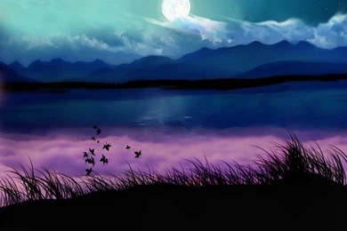 Nature Fantasy Grass Purple Sky And Moon Wallp