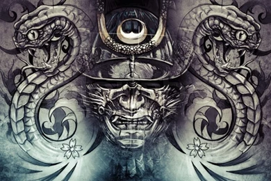 Japanese Mask And Snakes. Tattoo Design Over Grey Backgrounds ...