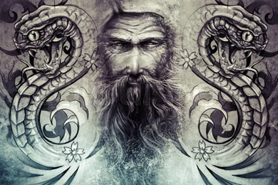 Buddha And Snakes.Tattoo Design Over Grey Background. Textured ...