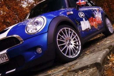Download Blue MINI Cooper Autumn Wallpapers For iPhone 4