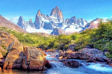 Free Wallpapers   Paintof Mountain, Snow And River 1280x768 Wallpapers