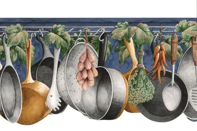 Kitchen Hanging Pans Pots Herbs Vegetables Vintage Blue Wallpapers ...