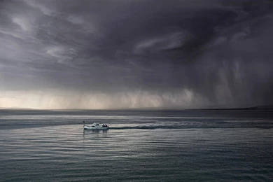 Nature Mist Storm Dark Sea Rain Clouds Landscape Boat   (
