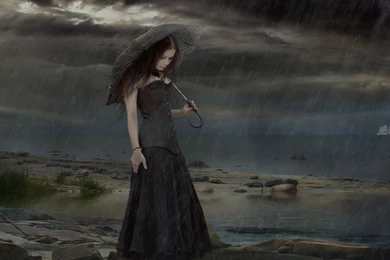 Download Wallpapers 1920x1080 Girl, Umbrella, Rain, Grief, Sea ...