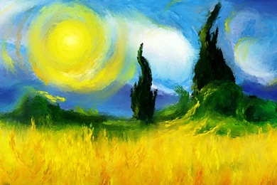 Painting Field Trees Sun Sky Nature Hd Wallpapers Wallpapers
