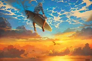 Fantasy Art, Artwork, Surfing, Surfboards, Birds, Clouds, Girl ...