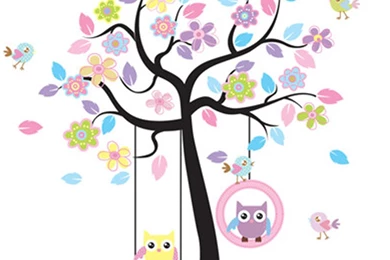 Lovely Cartoon Couple Cute Owl Swing Tree Colorful Removable Wall ...
