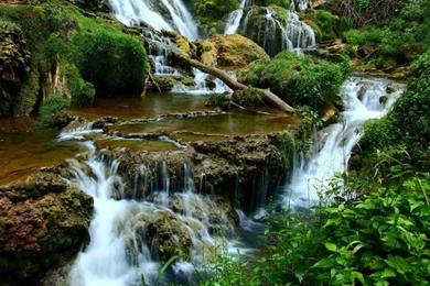 Cascading Waterfalls, Rocks Covered With Moss Green Vegetation Dry ...