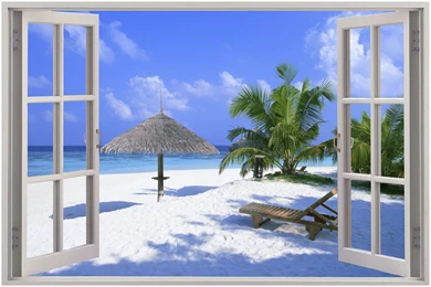 Huge 3D Window Exotic Beach View Wall Stickers Film Mural Art ...