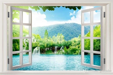 Window 3D Waterfalls Forest View Wall Stickers Art Mural Decal ...