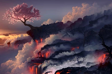 Lavların Üstünde Çiçek Açmış Ağacın Doğa Harikası Duvar Kağıdı ...