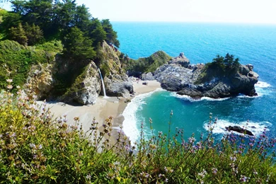 Waterfalls: McWay Falls Waterfall Flowers Bay Ocean Sands Fall ...