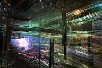 Download 1366x768 Futuristic City With Transport Lanes Wallpapers