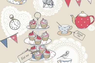 Tea Party Cream & Red Encased Glitter Wallpapers