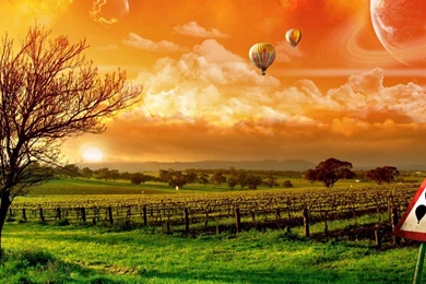 Landscapes Photomanipulation Balloons Orange Sunset Sky Clouds HD ...