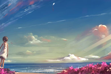 Anime Drawing Clouds Kite Ocean Beach Child Original Sky Flowers ...